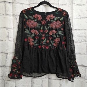 American Eagle Outfitters Peplum Top with Red Floral Embroidery Size Large